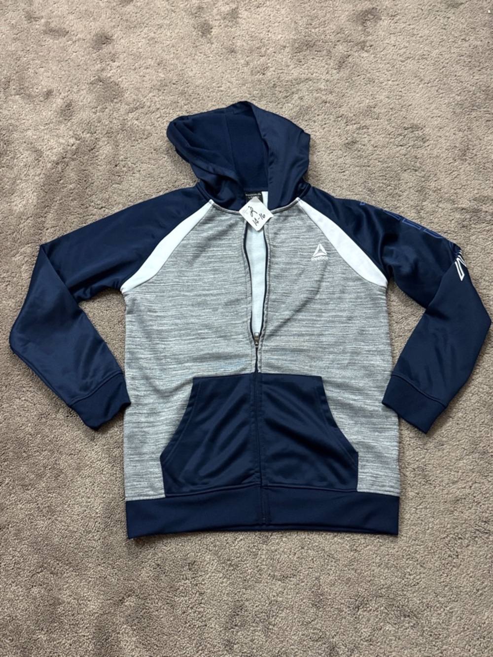 Reebok Gray Blue Hoodie Youth Colorblock Pullover Athletic Sweatshirt SIZE L